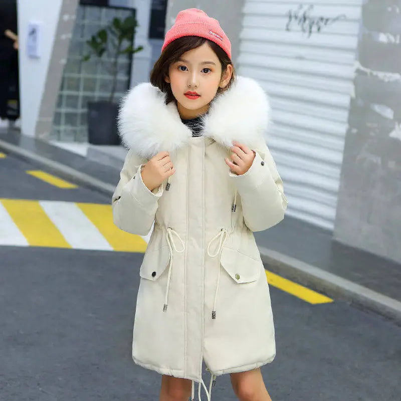CozyKids Long Velvet-Lined Cotton Coats - Beige / 130cm