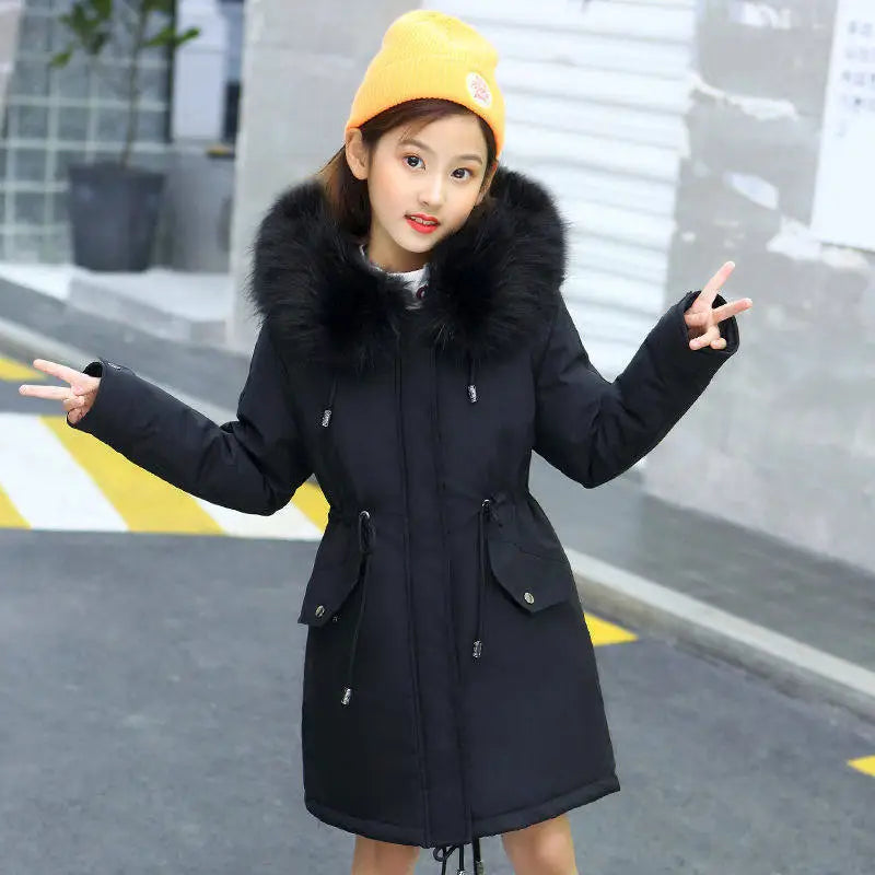 CozyKids Long Velvet-Lined Cotton Coats - Black / 130cm