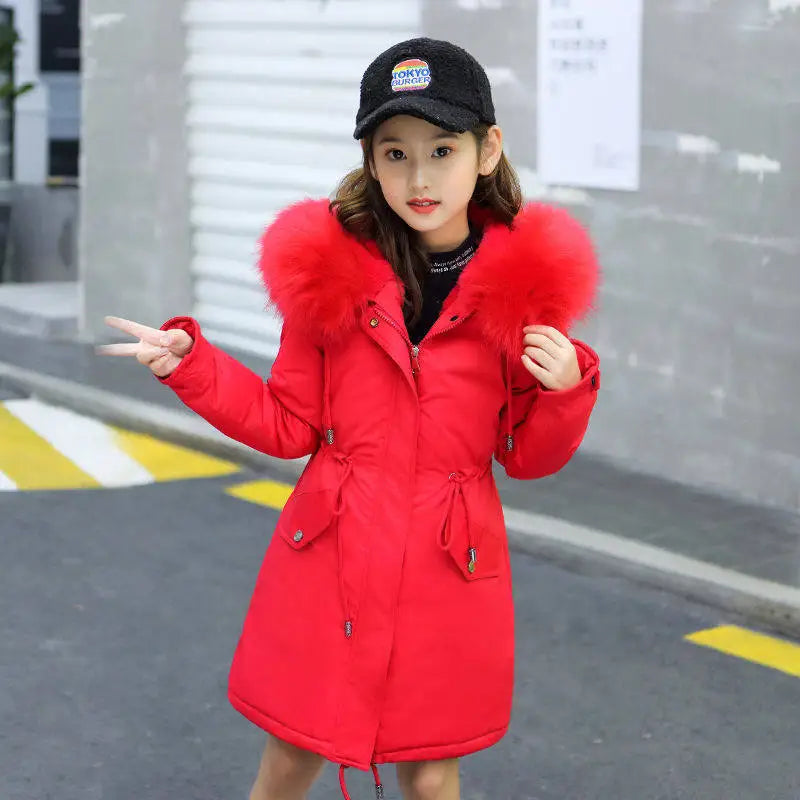 CozyKids Long Velvet-Lined Cotton Coats - Red / 130cm