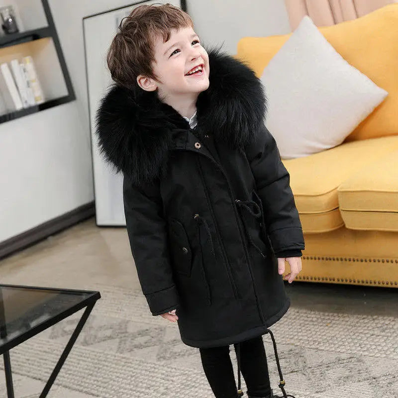 CozyKidz: Big Fur Collar Jackets for All Ages - Black / 110cm