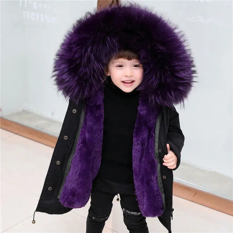 CozyKidz: Big Fur Collar Jackets for All Ages - Black with purple / 110cm