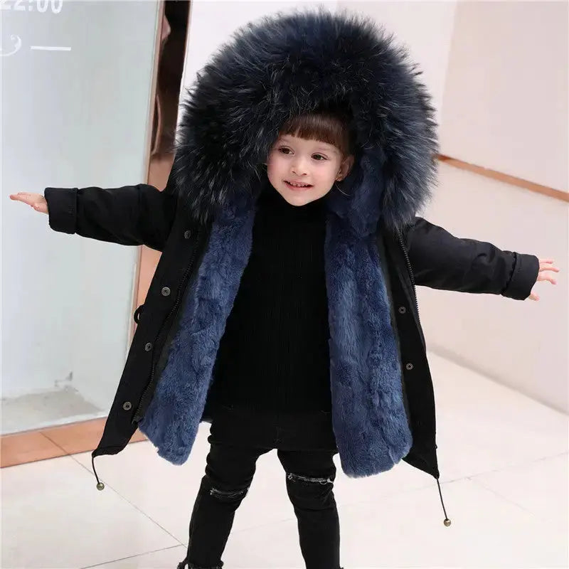CozyKidz: Big Fur Collar Jackets for All Ages - Black with Sydney Blue / 110cm