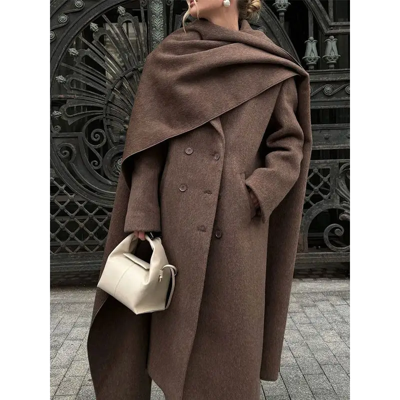 CozyScarf Collar Wool Coat - Coffee Color / S