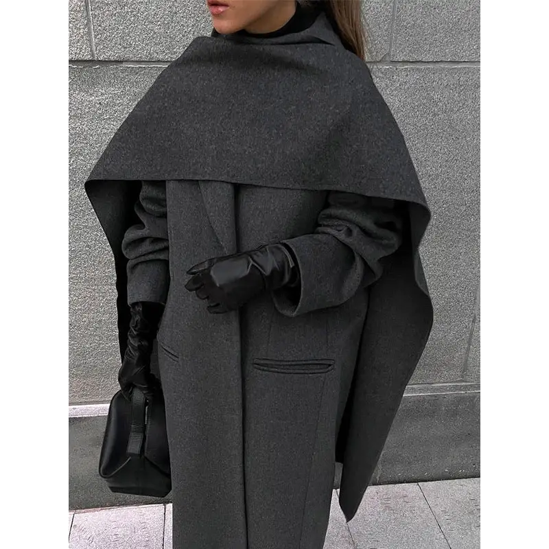 CozyScarf Collar Wool Coat - Dark Gray / S