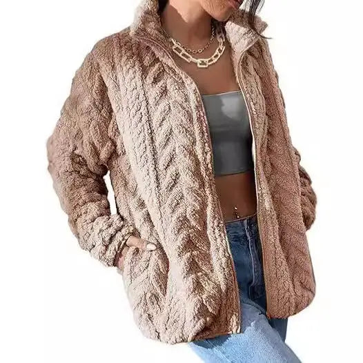 Tan, textured, zip-up fleece jacket.