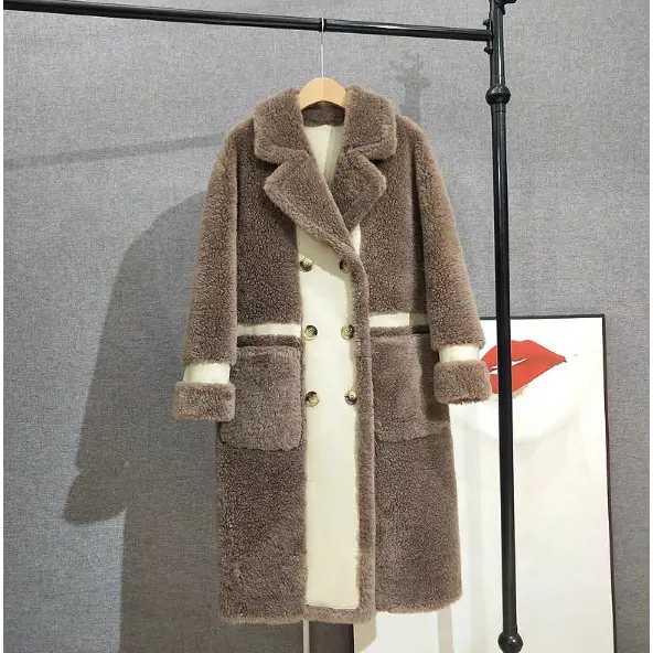 Brown and white double-breasted shearling coat.