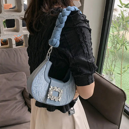 Crescent Moon Denim Suitcase Bag with Chain and Zipper Compartments