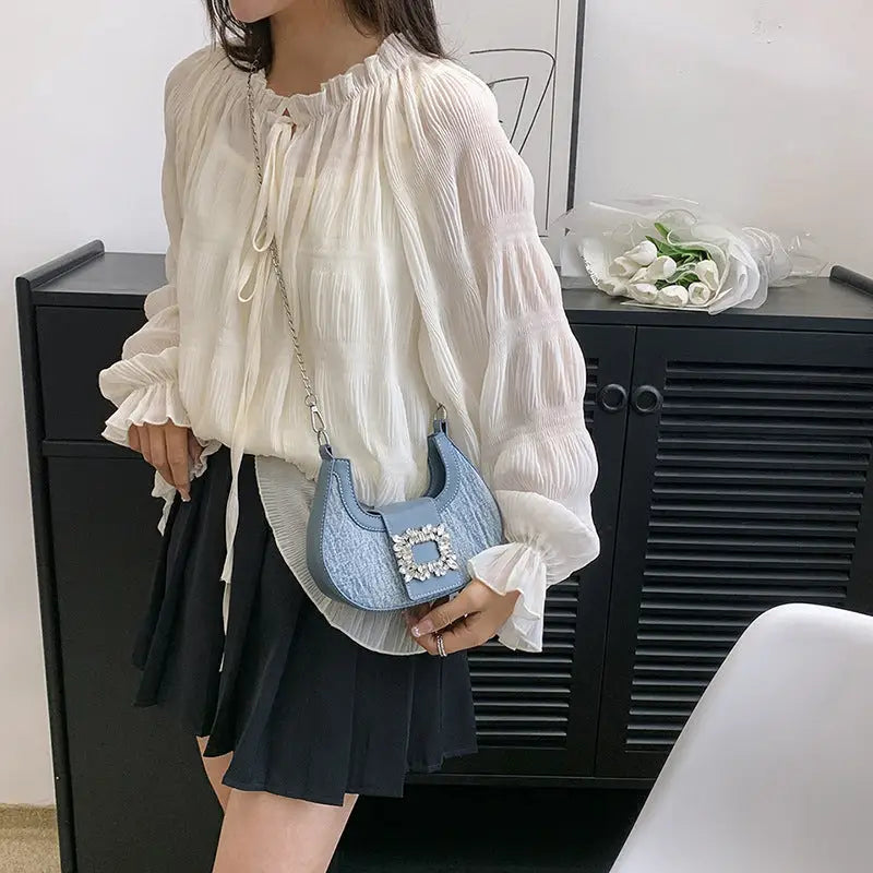 Crescent Moon Denim Suitcase Bag with Chain and Zipper Compartments