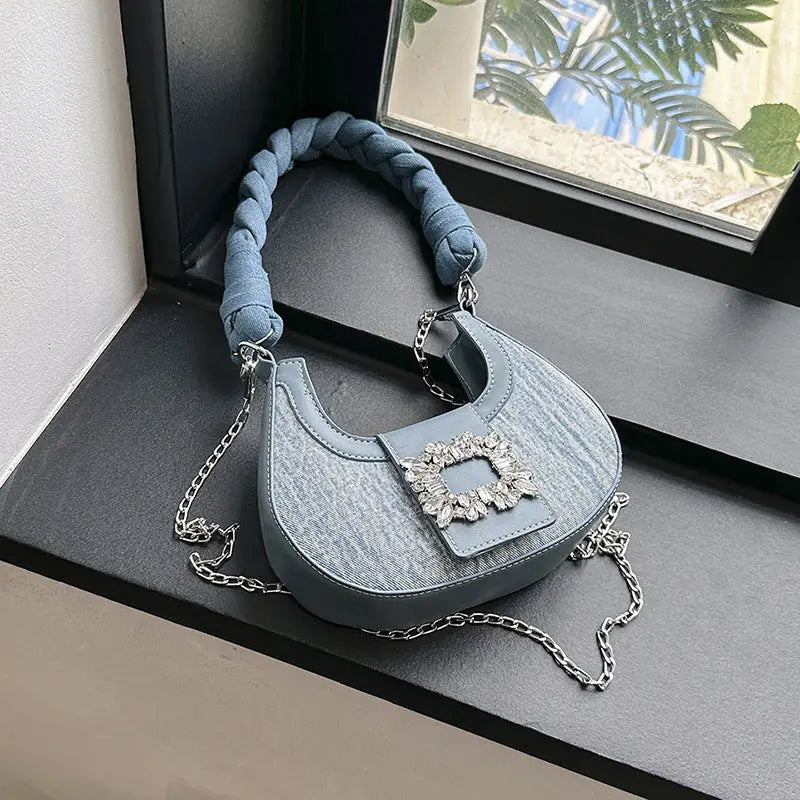 Crescent Moon Denim Suitcase Bag with Chain and Zipper Compartments - Light Blue