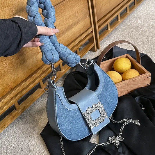 Crescent Moon Denim Suitcase Bag with Chain and Zipper Compartments