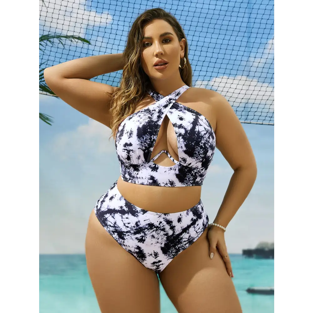 Cross Collar Random Printed Bikini Swimsuit Suit