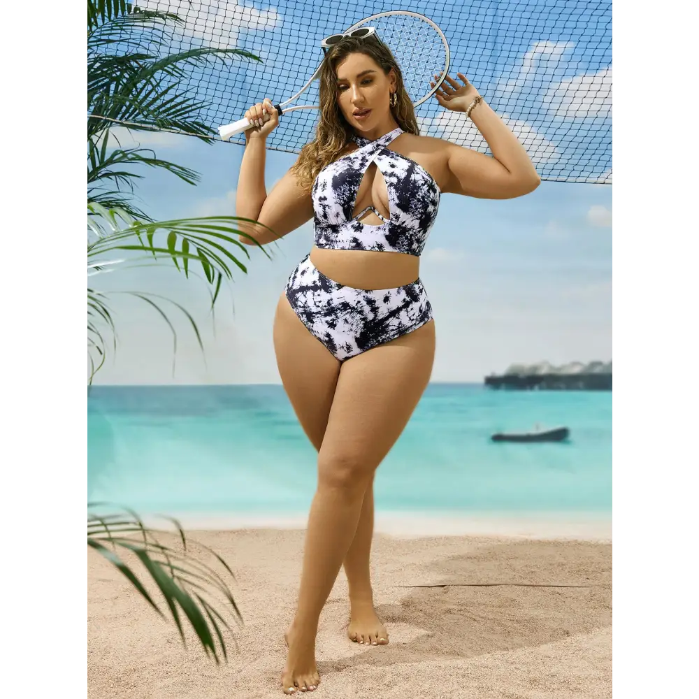 Cross Collar Random Printed Bikini Swimsuit Suit