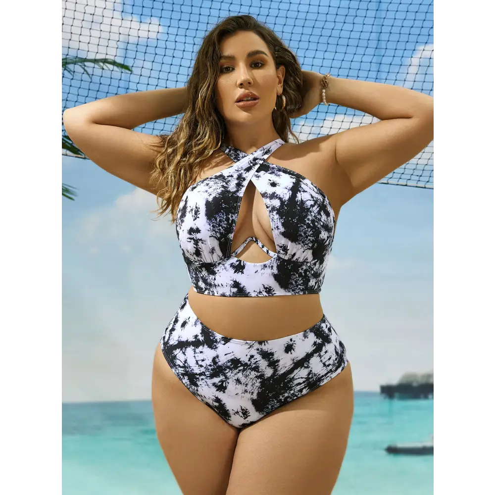 Cross Collar Random Printed Bikini Swimsuit Suit