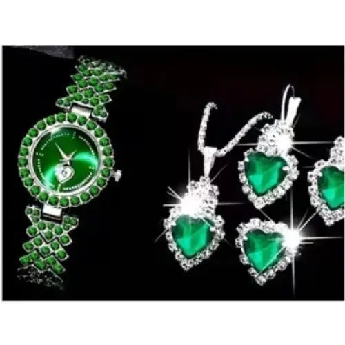Crystal Quartz Watch Set with Crystal Embellishments - 4159D300 Silver Green