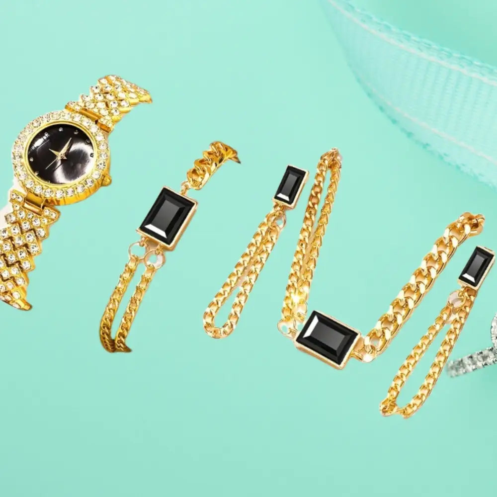 Crystal Quartz Watch Set with Crystal Embellishments - 44D305 Black