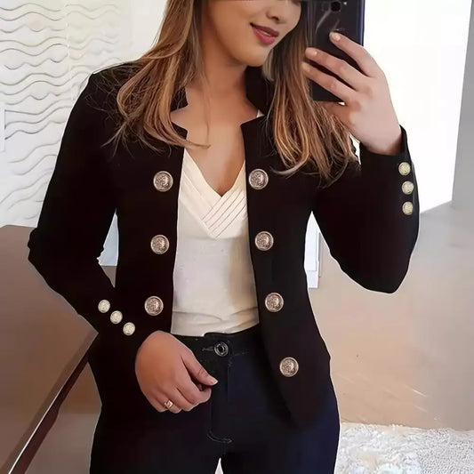 Black blazer with decorative buttons.