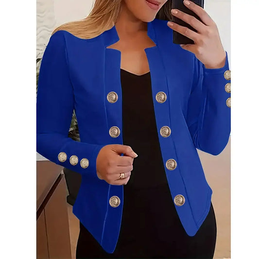 Blue blazer with gold buttons.