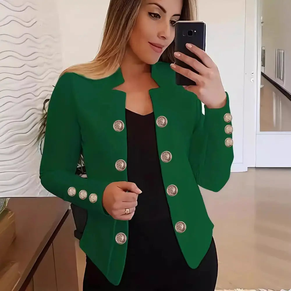 Green buttoned blazer.