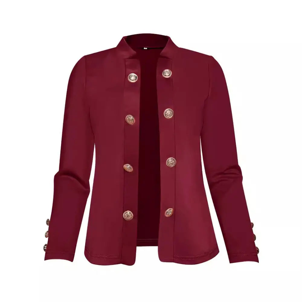 Maroon blazer with gold buttons.