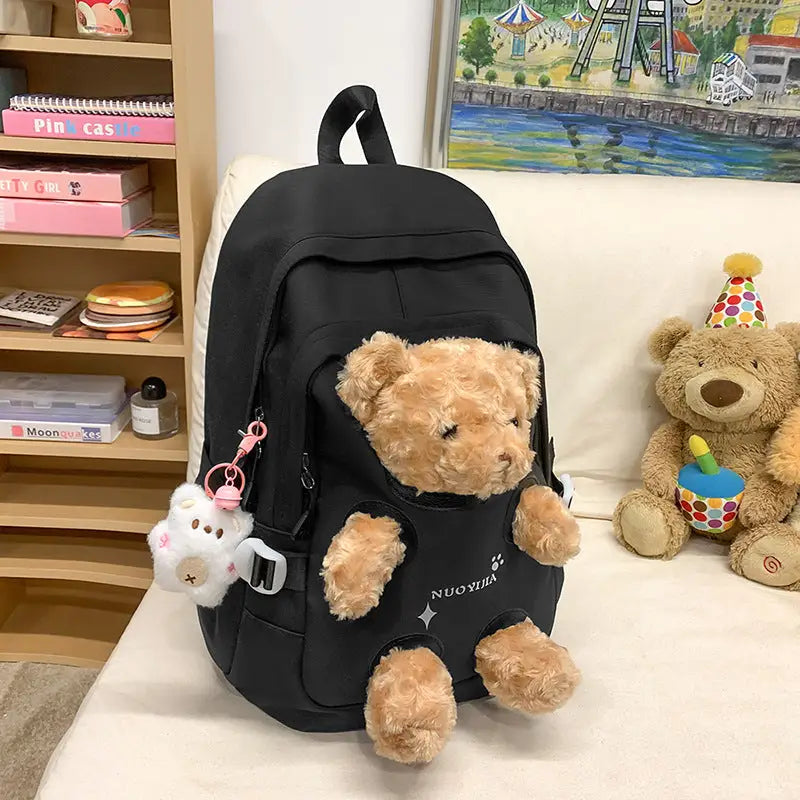 Cute Bear Schoolbag for Junior High and College Students - Black / Single Bag
