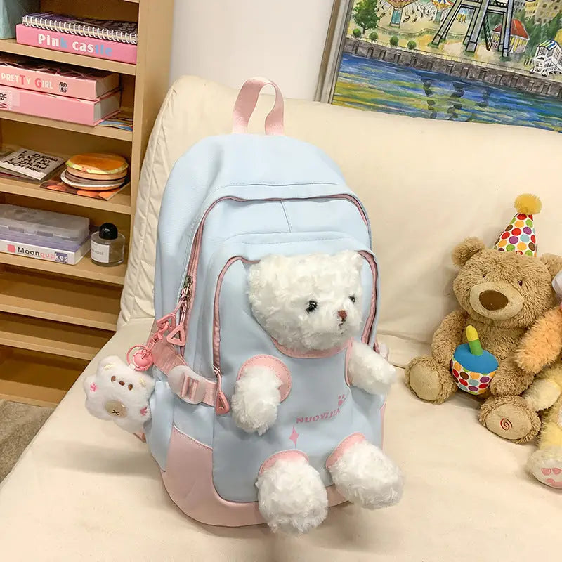 Cute Bear Schoolbag for Junior High and College Students - Blue And Pink / Single Bag