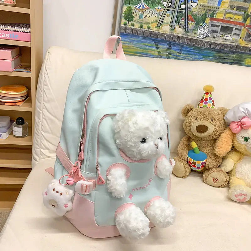 Cute Bear Schoolbag for Junior High and College Students - Green Pink / Single Bag