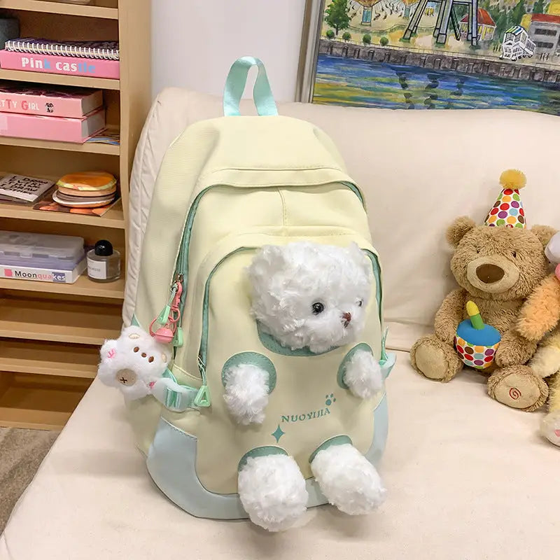 Cute Bear Schoolbag for Junior High and College Students - Yellow Green / Single Bag