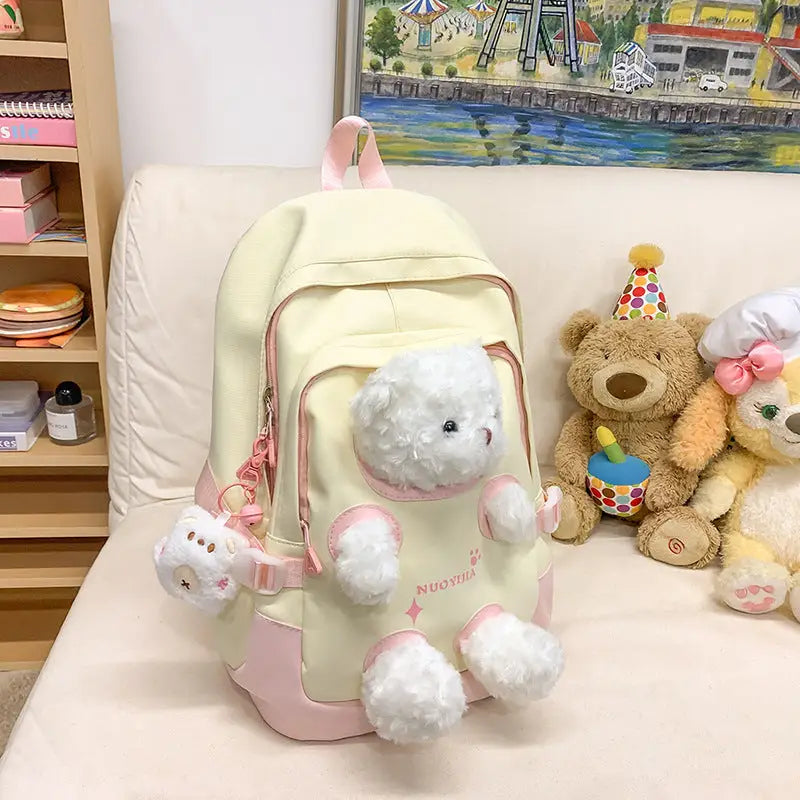 Cute Bear Schoolbag for Junior High and College Students - Yellow Pink / Single Bag