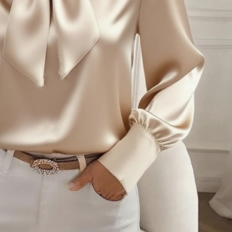 Satin Bow Blouse - Women's Casual Long Sleeve Top - LauBelle Brand