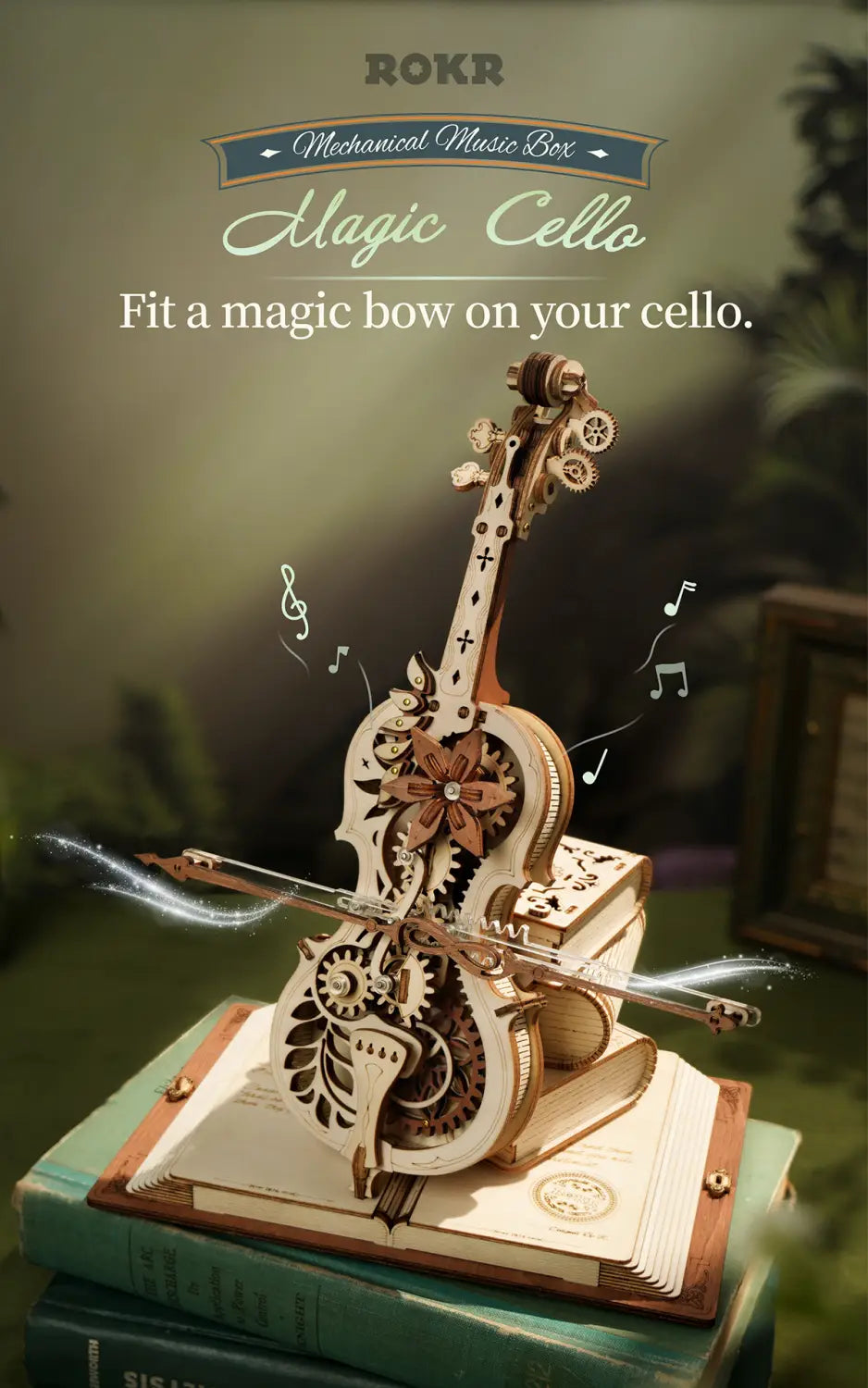 Retro Cello Music Box Puzzle with European Engraving and Floral Detail