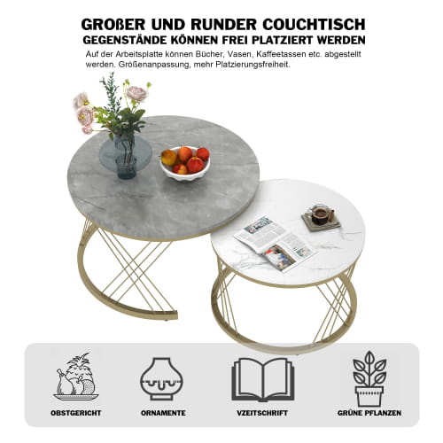 Moderne Nesting Coffee Table Set with Marble Veneer Round End Tables