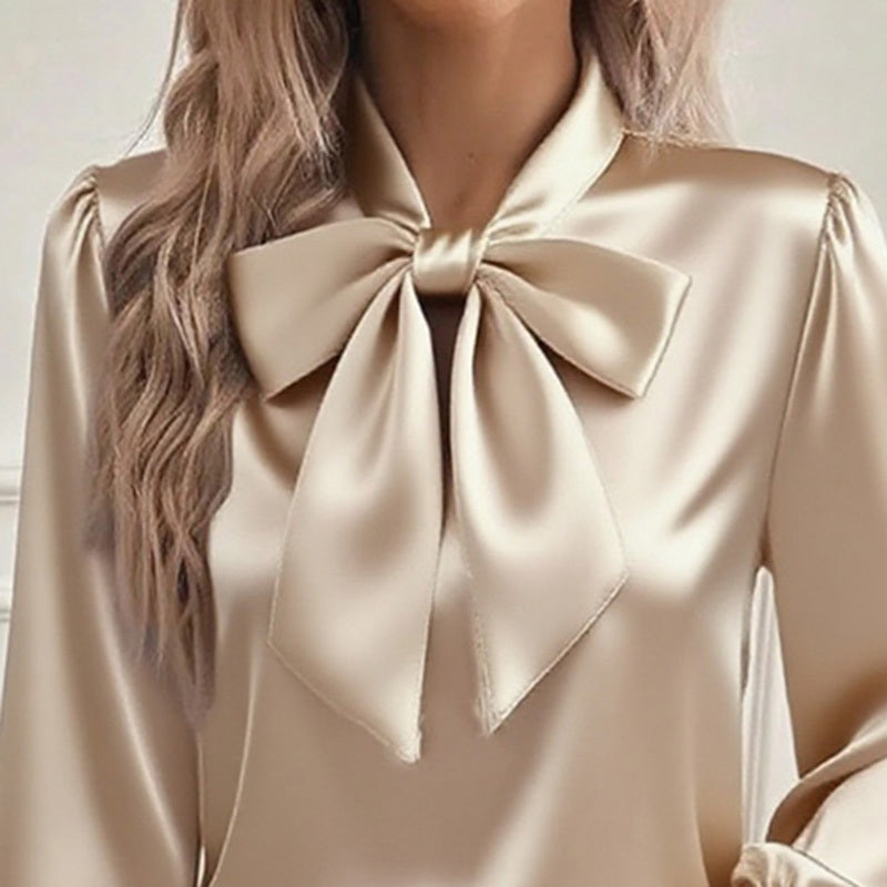 Satin Bow Blouse - Women's Casual Long Sleeve Top - LauBelle Brand