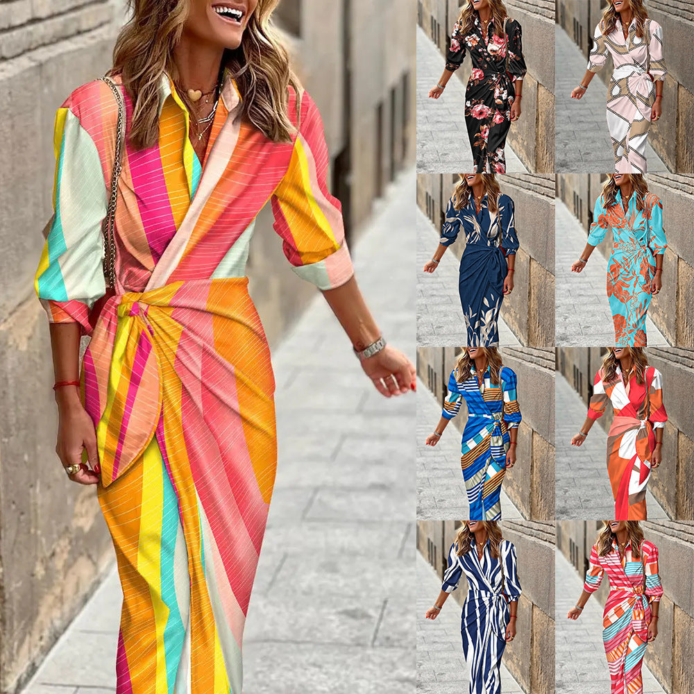 Chic Print Belted Slim Shirt Dress—3/4 Sleeve Lapel - LauBelle Brand