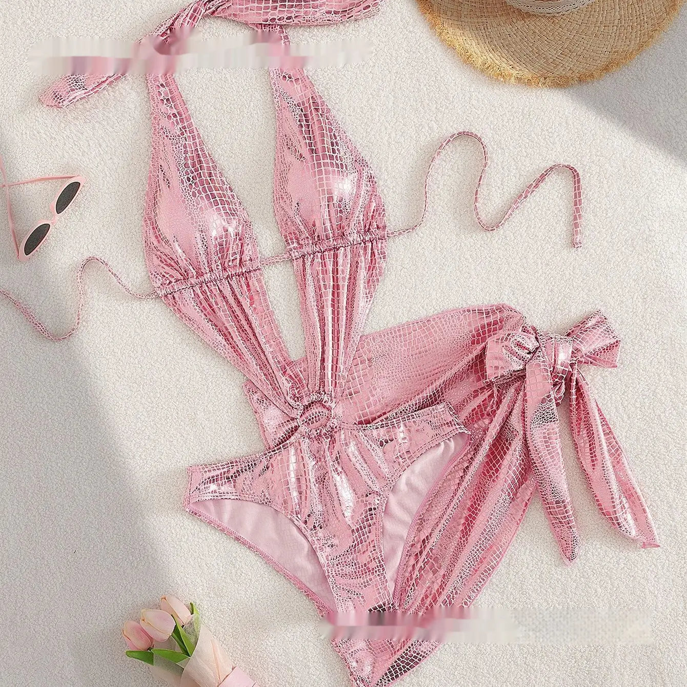 Beach Hot Spring Serpentine V-neck One Piece Swimsuit Lace-up