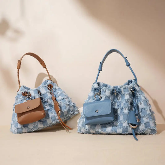Denim and Leather Medium Soft Cowhide Shoulder Bag