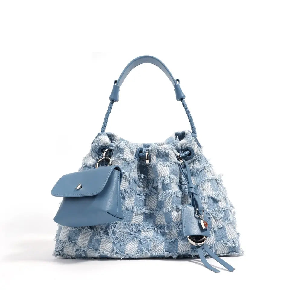 Denim and Leather Medium Soft Cowhide Shoulder Bag - Denim With Blue