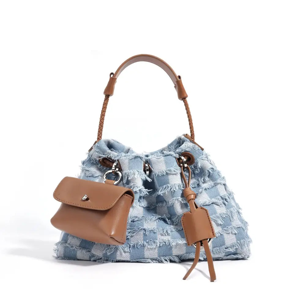 Denim and Leather Medium Soft Cowhide Shoulder Bag - Denim With Brown