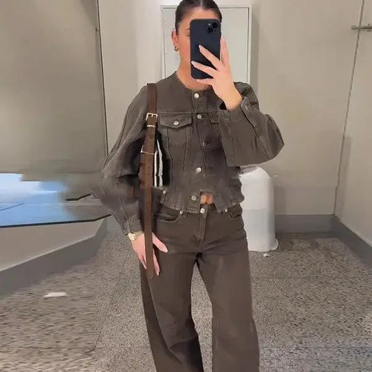 Brown denim jacket and pants outfit.