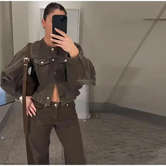 Brown denim jacket and pants outfit.