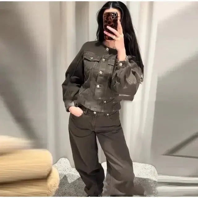 Olive-green denim jacket and pants outfit.