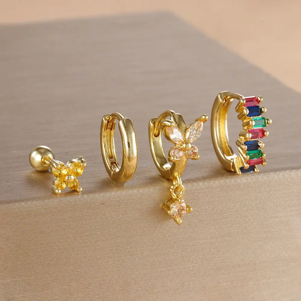 Diamond Butterfly Ear Set with Sparkling Diamonds - Golden Colorful Crystals