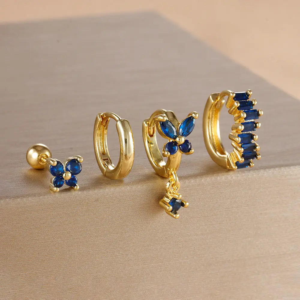 Diamond Butterfly Ear Set with Sparkling Diamonds - Golden Dark Blue Diamond