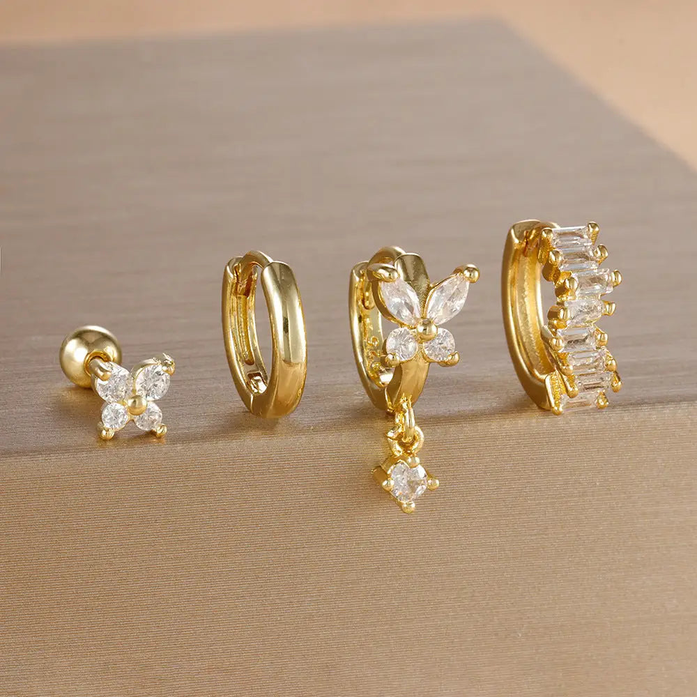 Diamond Butterfly Ear Set with Sparkling Diamonds - Golden White Diamond