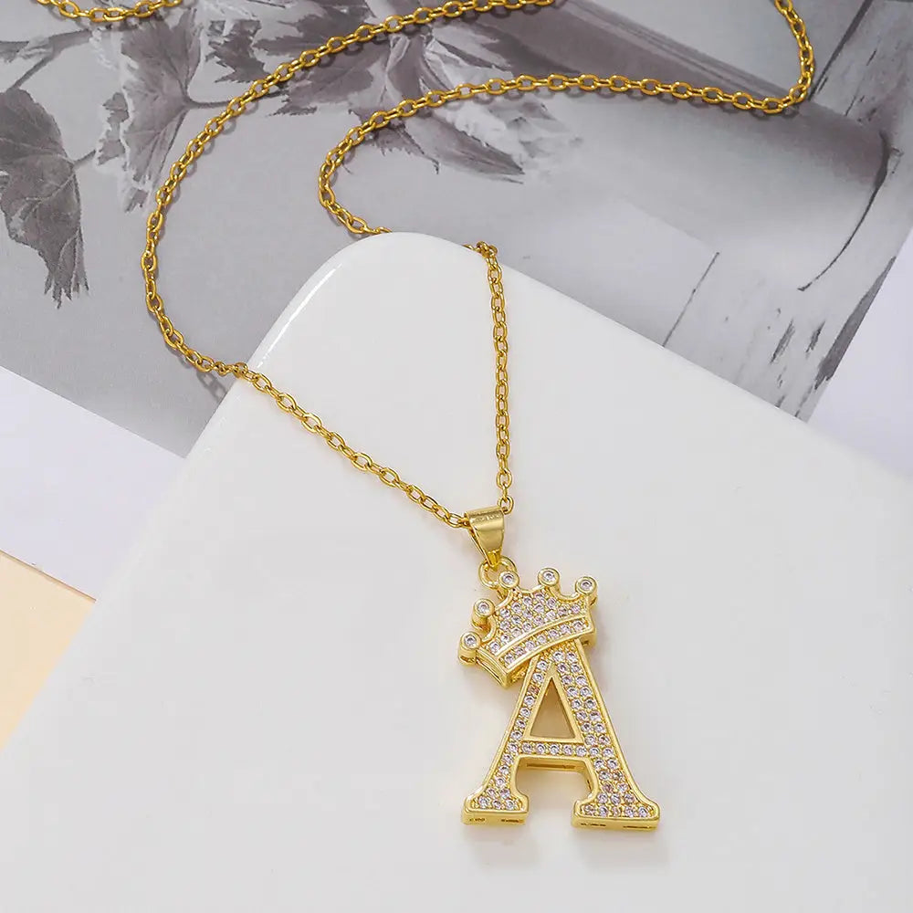 Diamond Crown Letter Necklace Set - Gold / A - 4