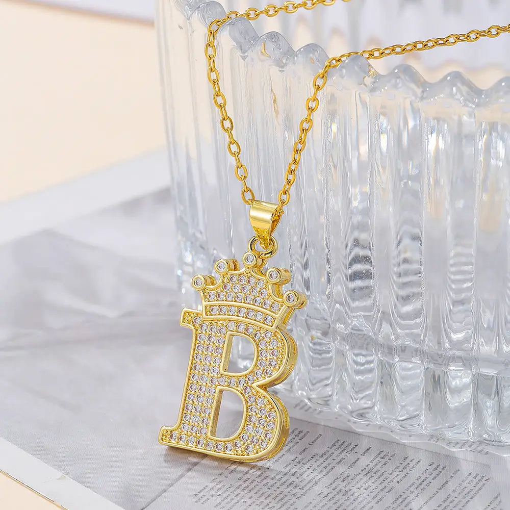 Diamond Crown Letter Necklace Set - Gold / B - 4