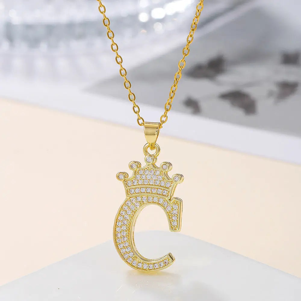 Diamond Crown Letter Necklace Set - Gold / C - 4