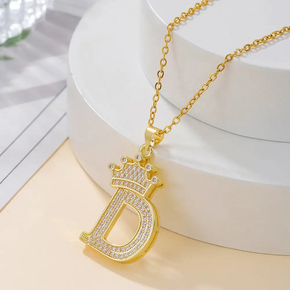 Diamond Crown Letter Necklace Set - Gold / D - 4