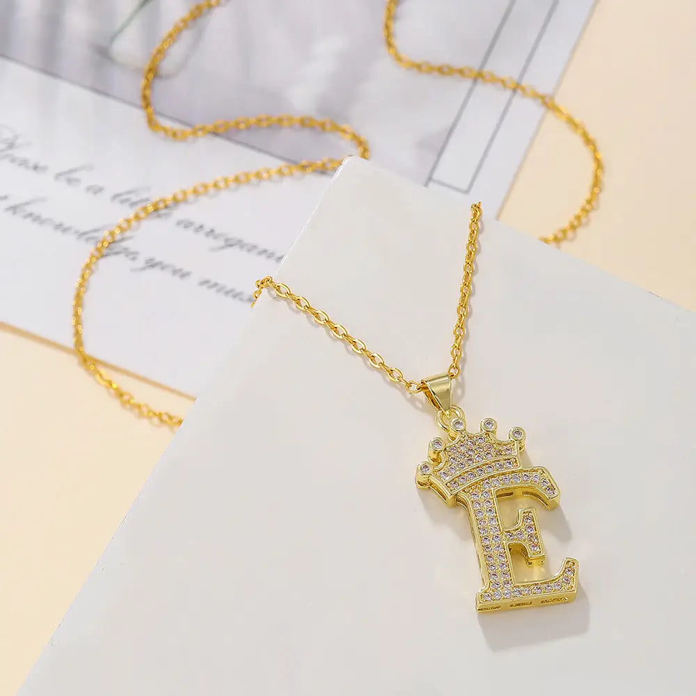 Diamond Crown Letter Necklace Set - Gold / E - 4