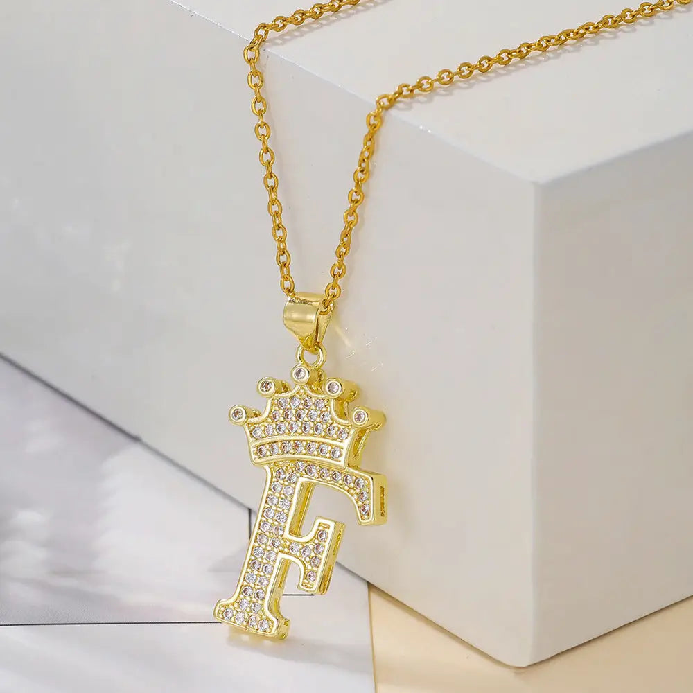 Diamond Crown Letter Necklace Set - Gold / F - 4