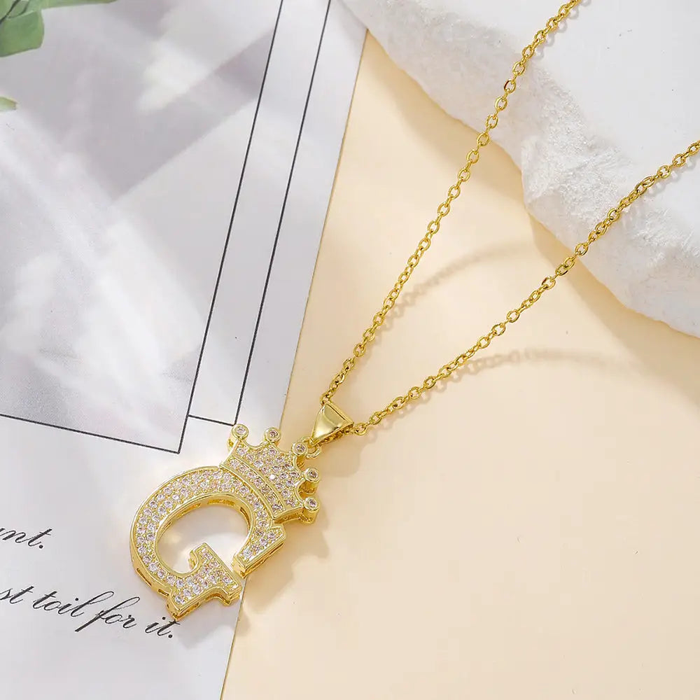 Diamond Crown Letter Necklace Set - Gold / G - 4